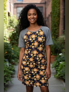 Women’s LuLaRoe Navy Dress with Colorful Floral Print and Gray Trim Size Large